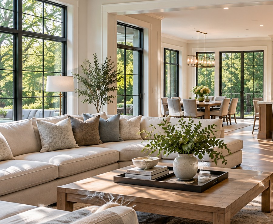 Light-filled renovated living and dining space with connected kitchen