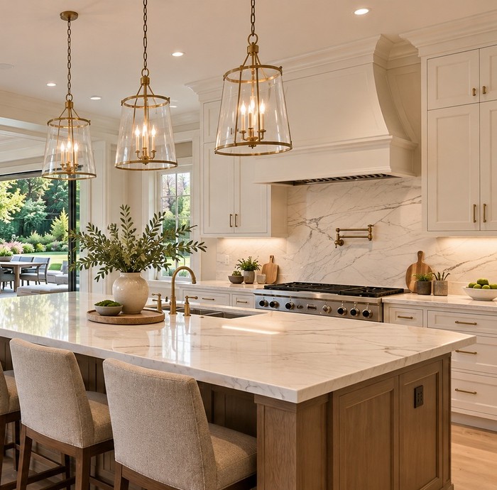 Renovated kitchen with a large stone island and cabinetry