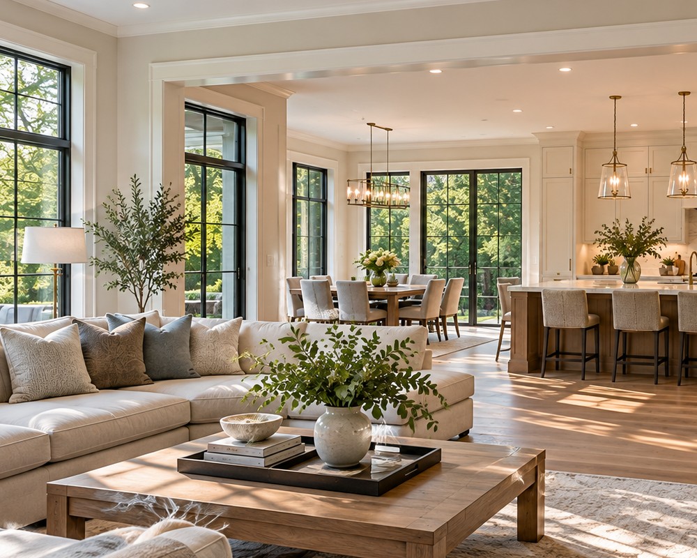 Open-plan living and dining area with large windows