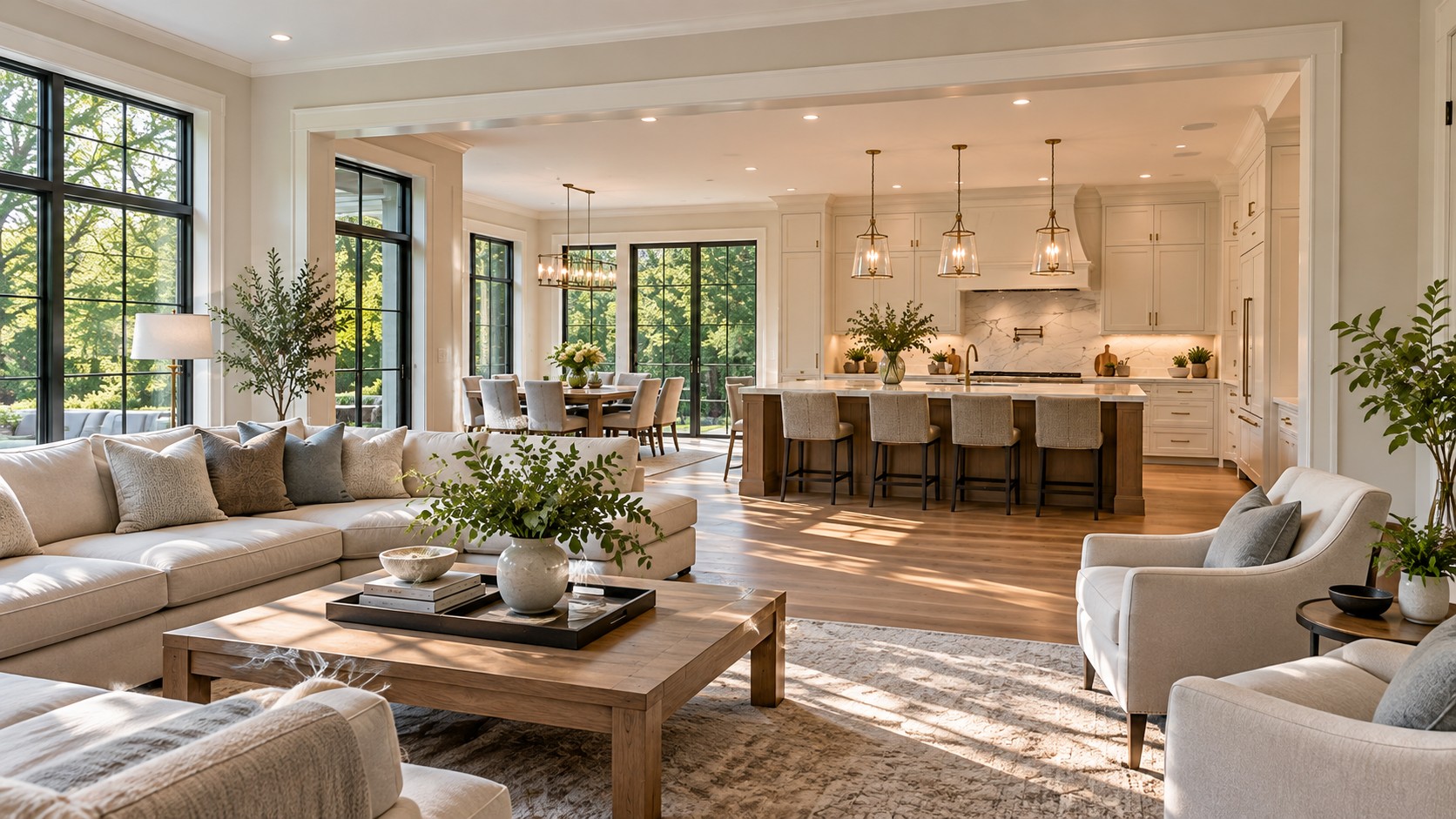 Open living area and remodeled kitchen with large windows facing a wooded backyard