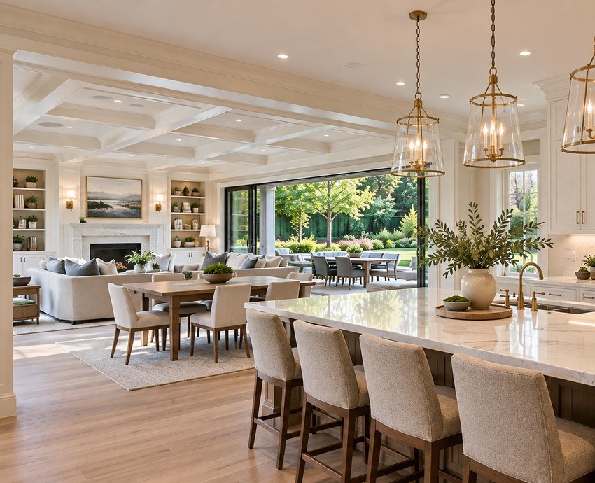 Refined living-room and kitchen finishes in a whole-home design concept