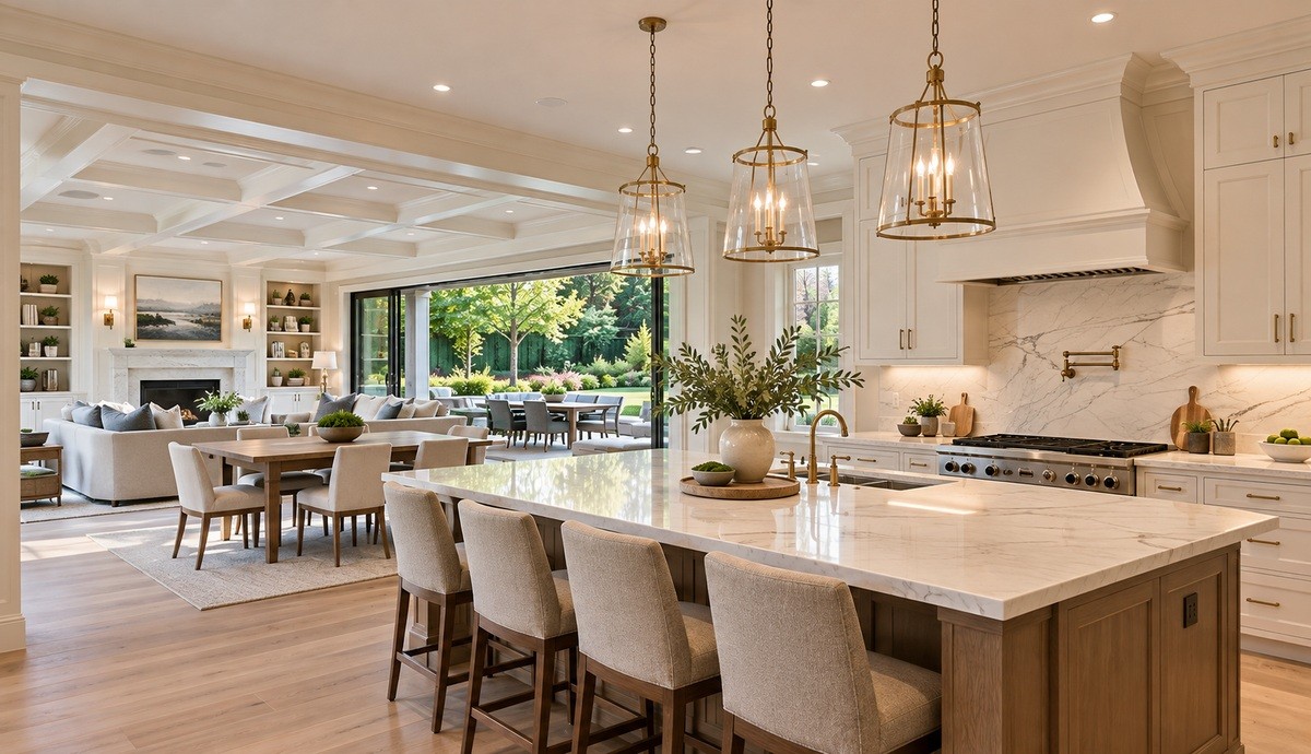Elegant interconnected living room and kitchen renovation